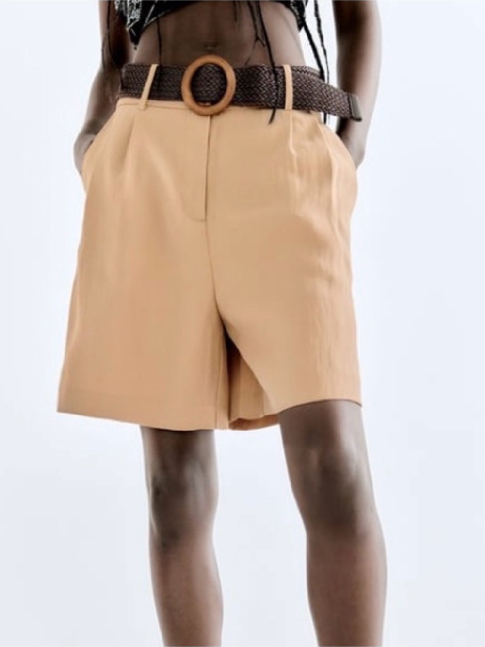 ZARA Tailored High-Waist Belted Shorts in Tan